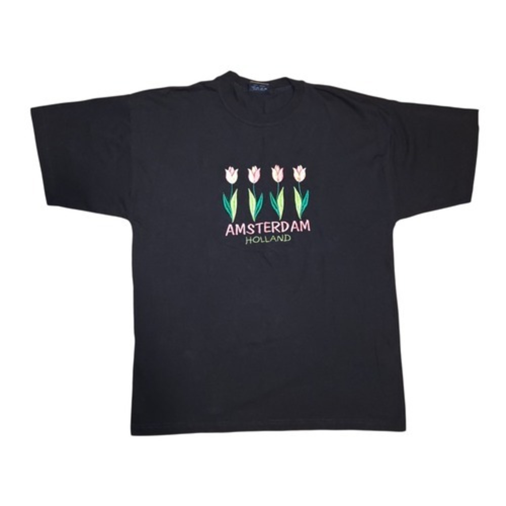 Malu Amsterdam Holland Tulips Embroidered Black T-Shirt Size XL